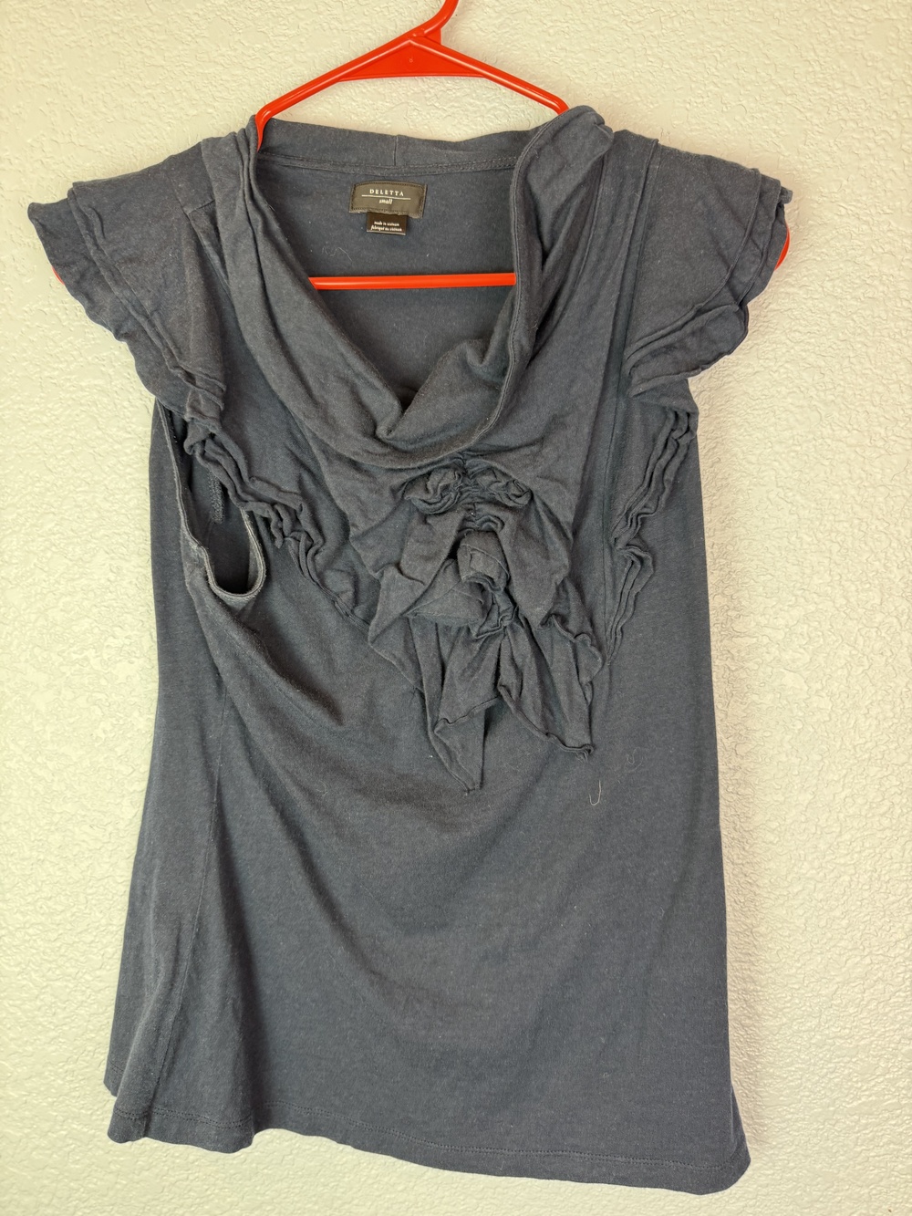 Deletta Shirt Womens Small Dark Gray Ruffle Front Short Sleeve Boho Tunic Top
